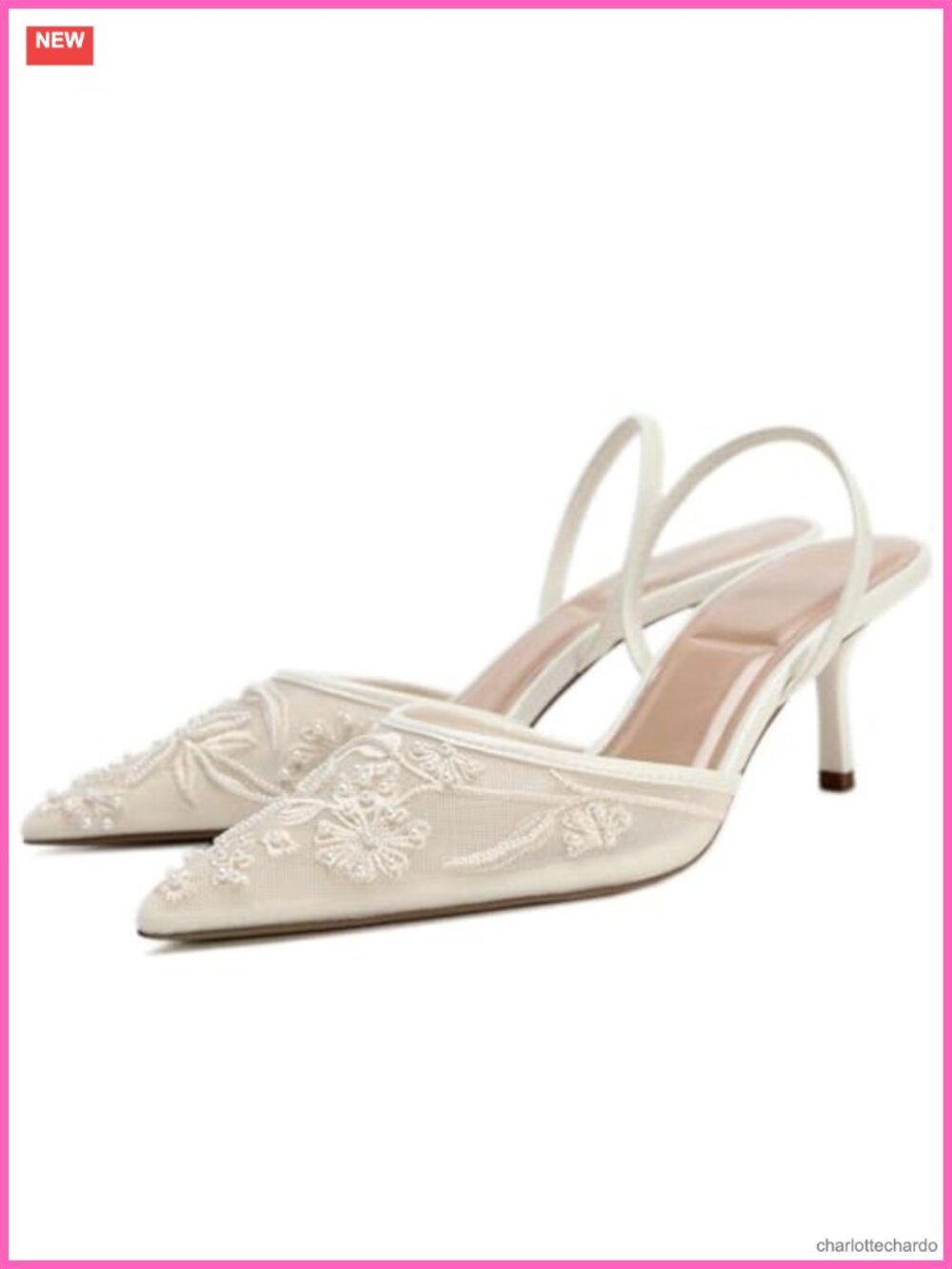 Kitten Heel Slingback Pumps Embroidered Mesh Pearl Wedding Shoes